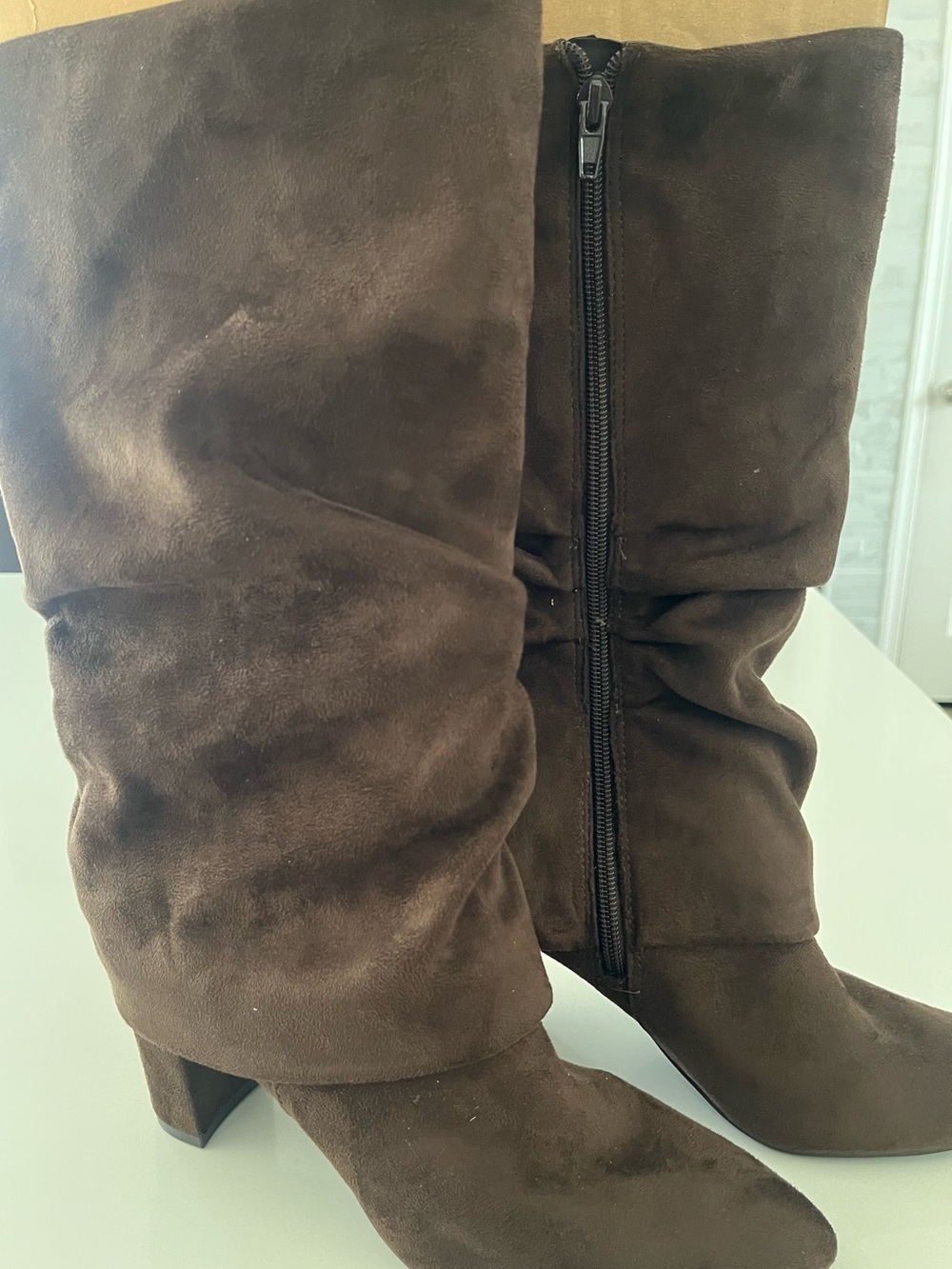 Nine West Dark Brown Suede Slouch Mid-Calf Boots with Side Zip